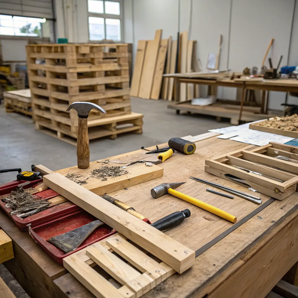 Pallet workshop with various tools and materials